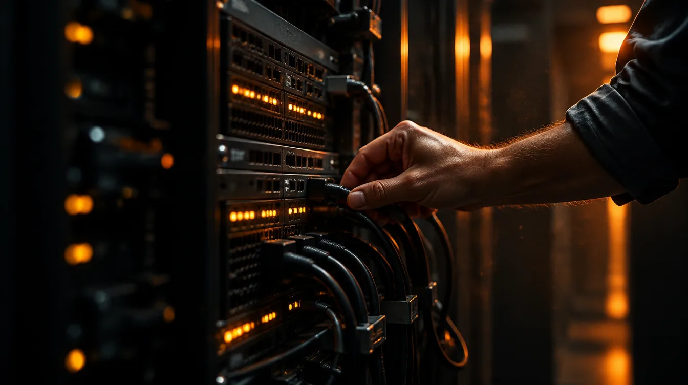 Técnico revisando el cableado de un rack de servidores