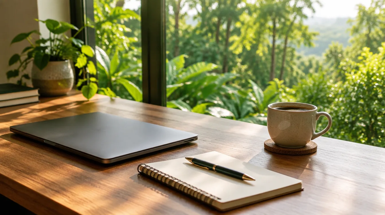 Escritorio de trabajo junto a una ventana con vegetación, con libreta y café