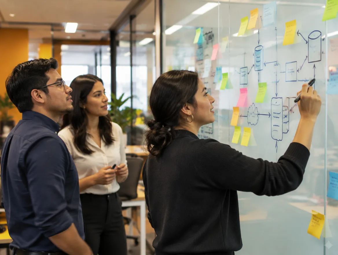 Equipo de ingenieros diseñando el flujo de un sistema sobre un muro de vidrio
