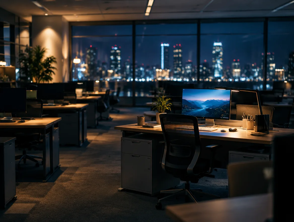 Oficina corporativa de noche con el sistema trabajando solo