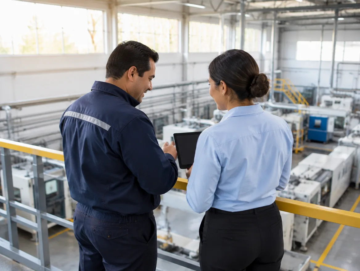 Ingeniero de Empau y gerente de planta revisando juntos su sistema en una tablet